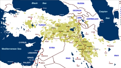 Ein Volk, vier Staaten und viele Konflikte. Die Karte zeigt die Verteilung der Kurden in der Türkei, im Irak, Iran und in Syrien.