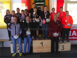 Die 3 Stockerlplätze in der Stocksport-Landesmeisterschaft Jugend U16: 2. Platz SILBER: SV-Breitenbach / 1. Platz GOLD: ESV-Brandenberg (Manuel Hintner, Florian Lengauer, Jonas Burgstaller, Florian Mühlegger) / 3. Platz BRONZE: Bezirks-Auswahl Unterland Mitte Ost. Gratulanten: Obmann Egon Burgstaller, Bgm Hannes Neuhauser, TLEV-Vize-Präsident Rudolf Mühlegger 